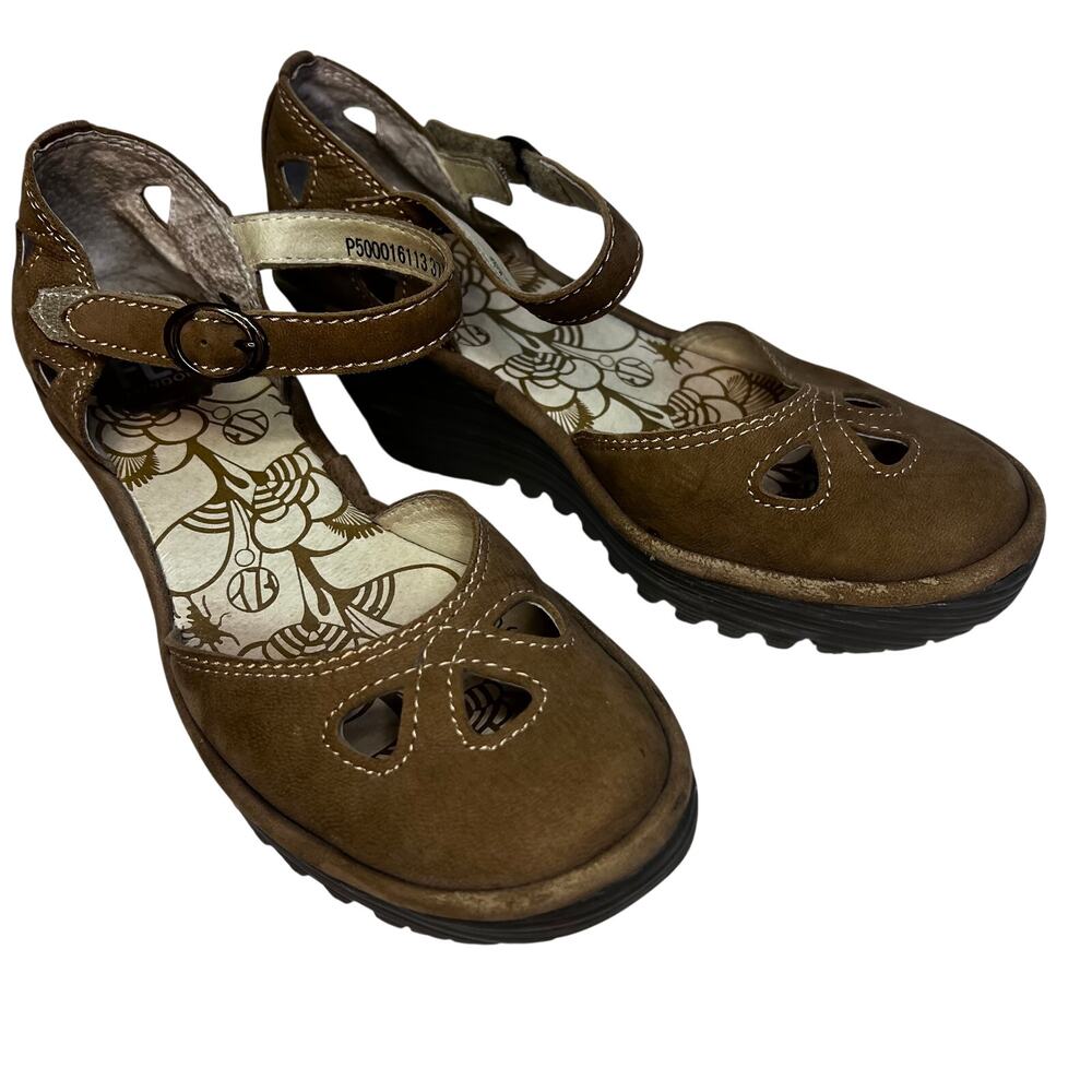 Fly London Tan Leather Mary Jane Wedge Sandals | EU 37 US 6.5 | Boho Comfort